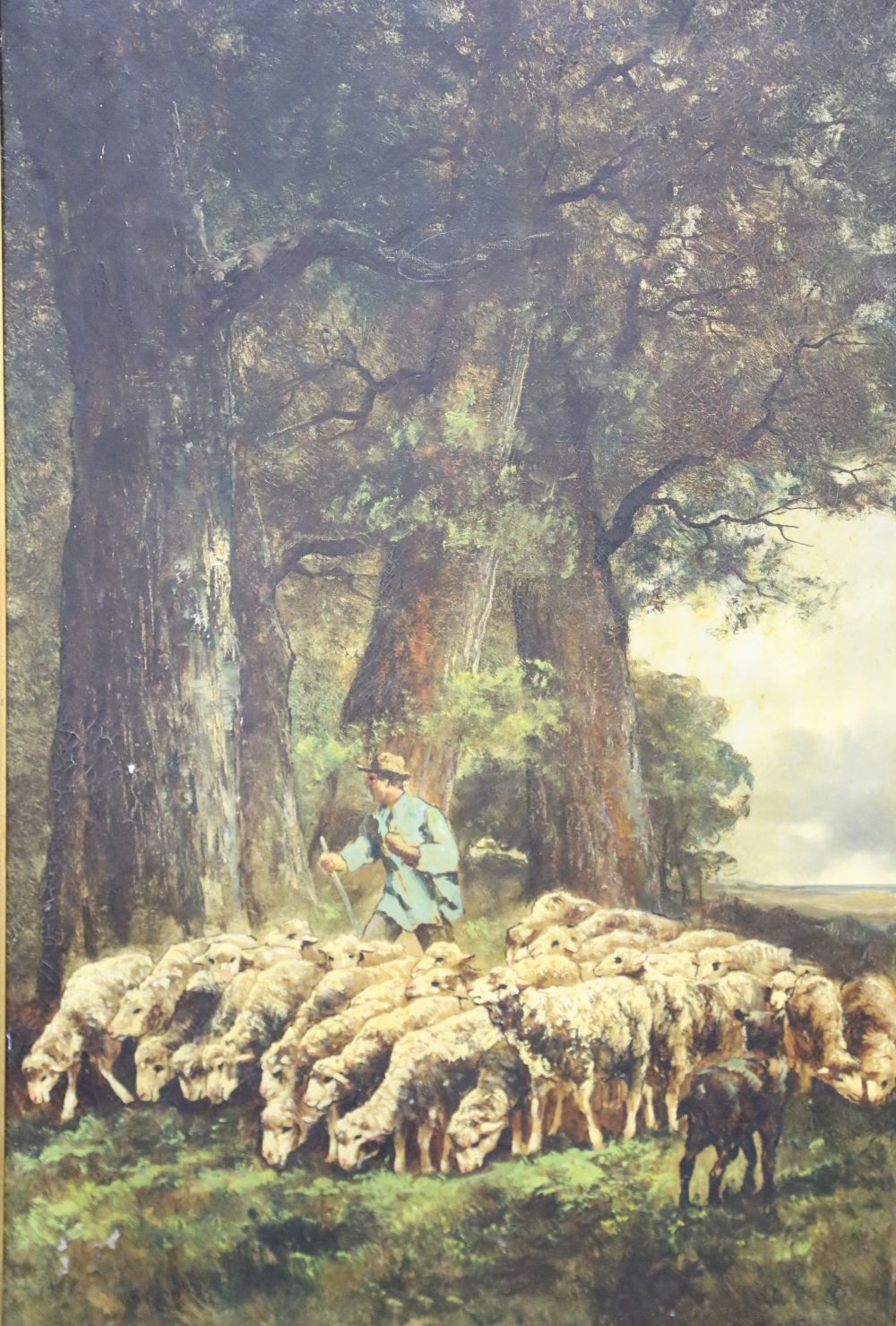 French School c.1900, oil on canvas, Shepherd and flock beneath trees, 79 x 52cm